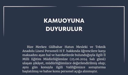 Rize’de kız meslek lisesinde maksadını aşan hal ve hareket iddiasıyla bir kişi hakkında soruşturma başlatıldı