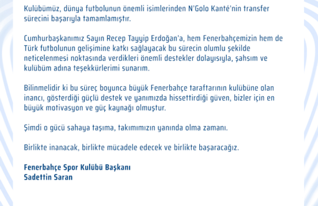 Fenerbahçe’den Cumhurbaşkanı Erdoğan’a Teşekkür Mesajı!